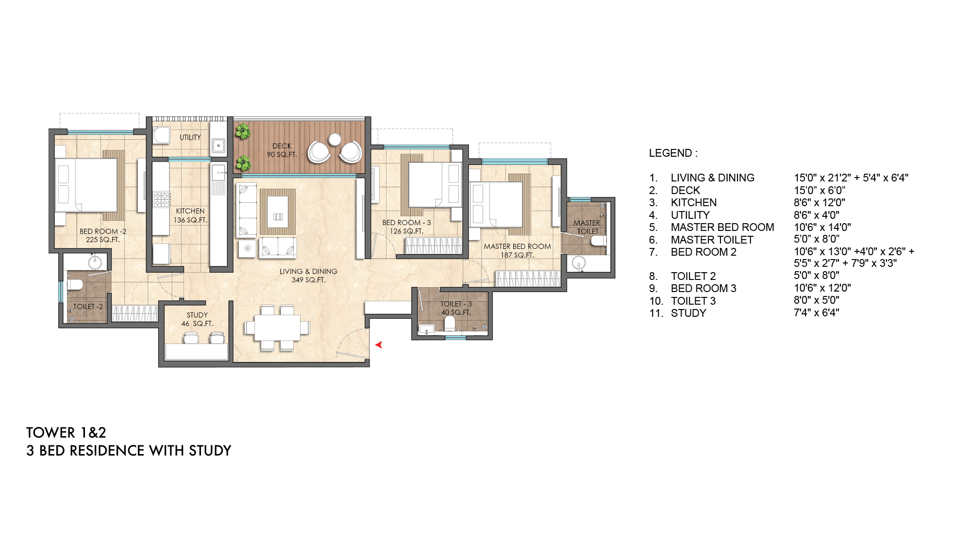 Lodha-Altero-Wakad-Pune-3-Bed-with-Study-Tower-1-and-2-Floor-Unit-Plan